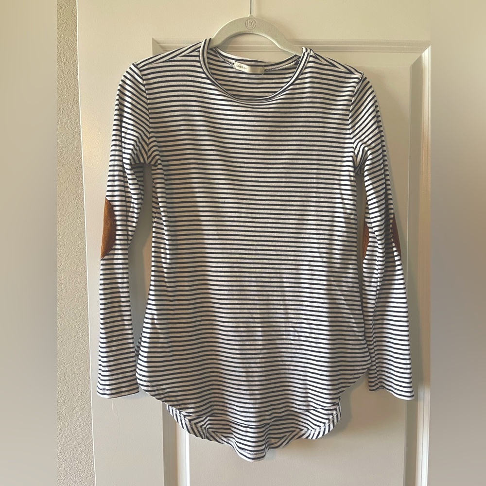 Long sleeve navy and white striped shirt with brown suede elbow patches!